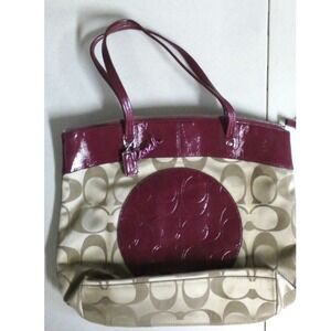 Coach Signature Canvas and Leather Tote‎ Bag - Tan & Burgundy
